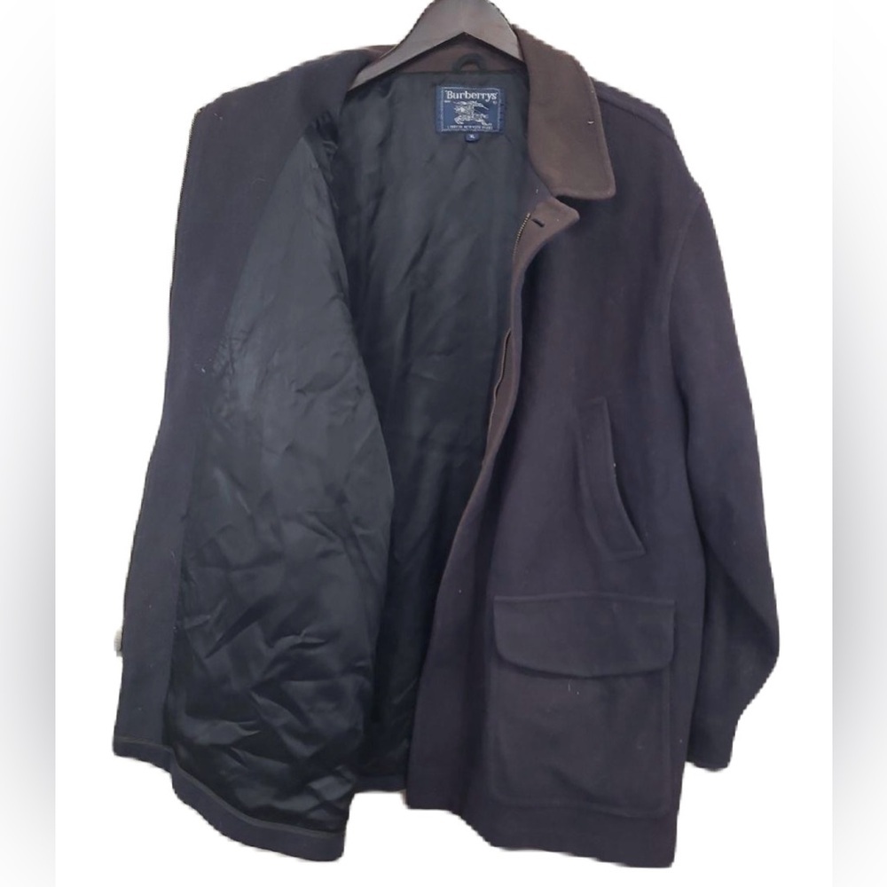 Burberry XL Navy Blue Wool Coat & Leather Collar Overcoat Vintage - Picture 3 of 13